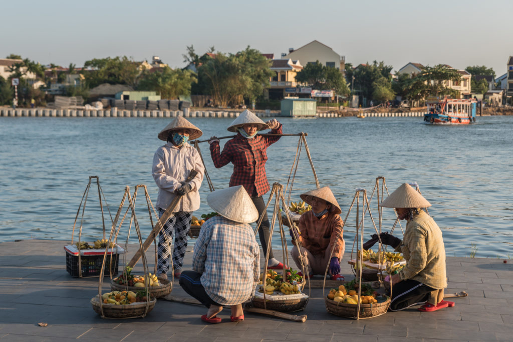 Hoi An, Vietnam, fruit, fruits, sellers, market, seller, local, people, traditional, hat, hats, river, boat, banana, mango, women