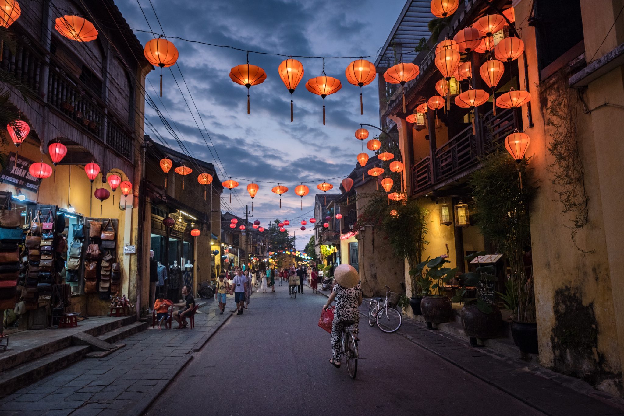 Hoi An, Vietnam, street, lantern, lanterns, lights, chinese, colorful, old, city, tourism, tourist,hat, bycicle,