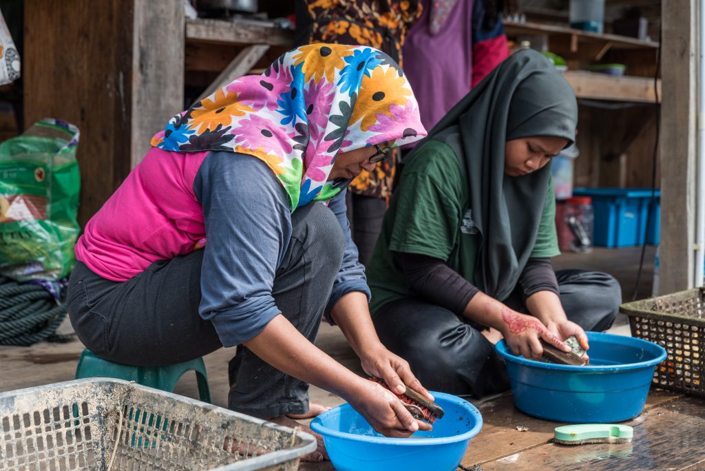 Women cleaning oysters in Malaysia